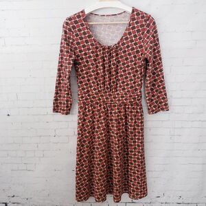 Garnet Hill Cotton Rust Brown Geometric Scoop Neck Dress 3/4 Sleeve Small Fall